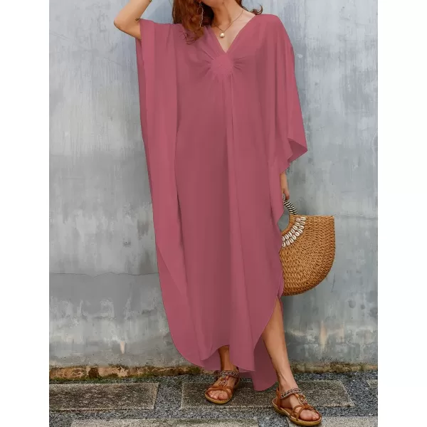 Bsubseach Women Solid Color Cover Up V Neck Batwing Sleeve Plus Size Beach Kaftan Dresses