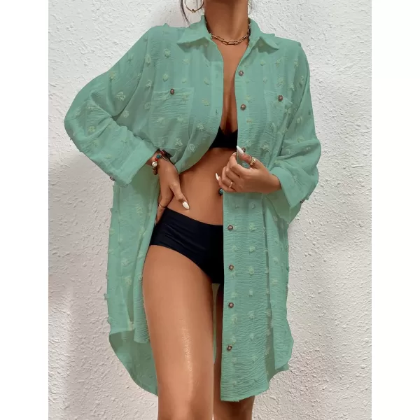 Bsubseach Women Swimsuit Coverup Blouse Button Down Shirt Dresses Swiss Dot Tops
