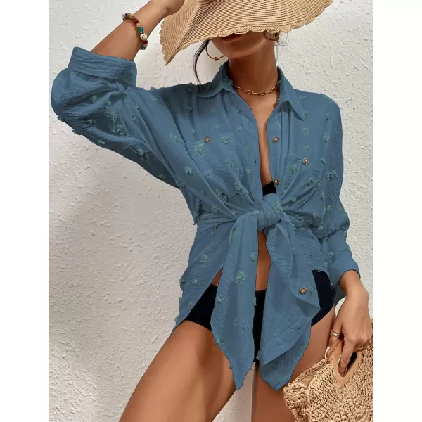 Bsubseach Women Swimsuit Coverup Blouse Button Down Shirt Dresses Swiss Dot Tops