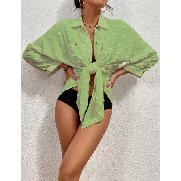 Bsubseach Women Swimsuit Coverup Blouse Button Down Shirt Dresses Swiss Dot Tops