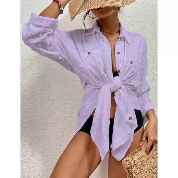 Bsubseach Women Swimsuit Coverup Blouse Button Down Shirt Dresses Swiss Dot Tops