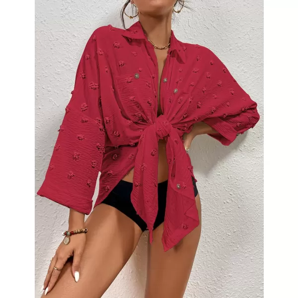 Bsubseach Women Swimsuit Coverup Blouse Button Down Shirt Dresses Swiss Dot Tops
