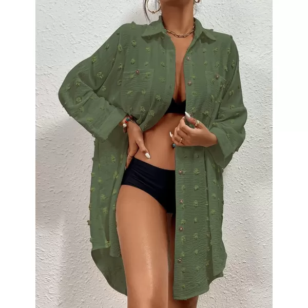 Bsubseach Women Swimsuit Coverup Blouse Button Down Shirt Dresses Swiss Dot Tops