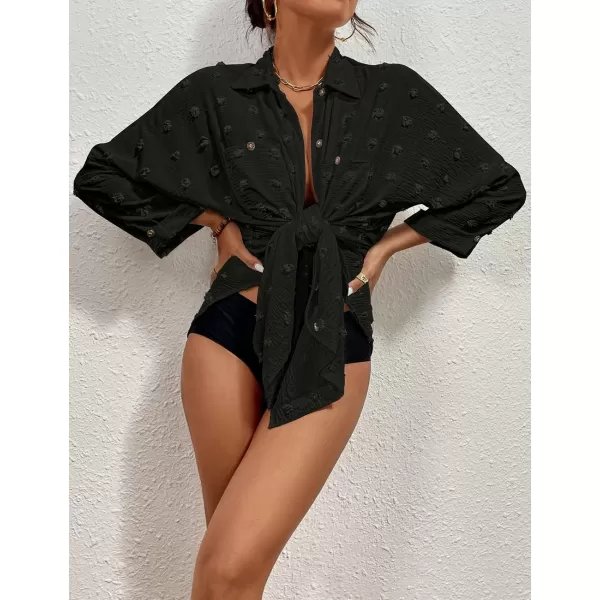 Bsubseach Women Swimsuit Coverup Blouse Button Down Shirt Dresses Swiss Dot Tops