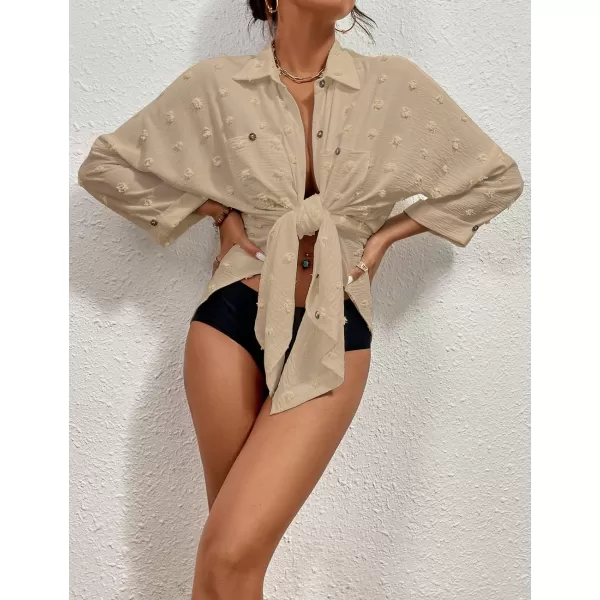Bsubseach Women Swimsuit Coverup Blouse Button Down Shirt Dresses Swiss Dot Tops