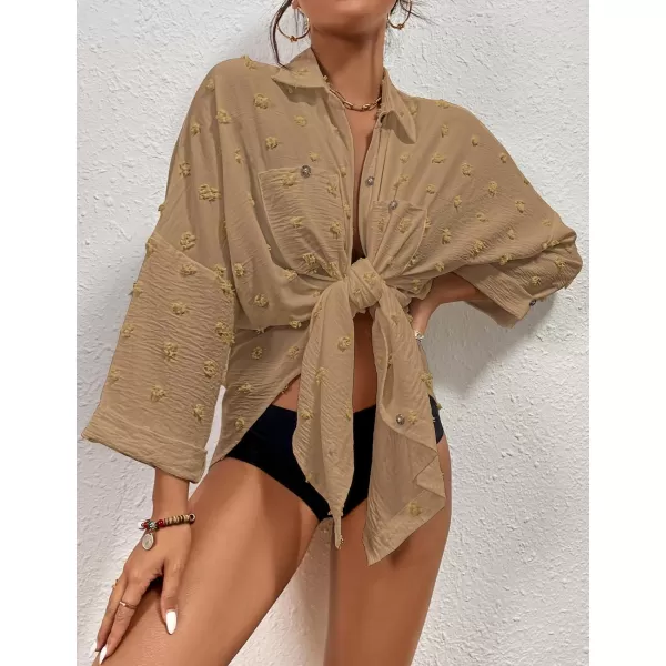 Bsubseach Women Swimsuit Coverup Blouse Button Down Shirt Dresses Swiss Dot Tops