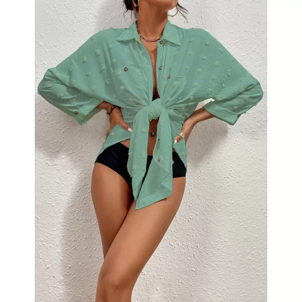 Bsubseach Women Swimsuit Coverup Blouse Button Down Shirt Dresses Swiss Dot Tops
