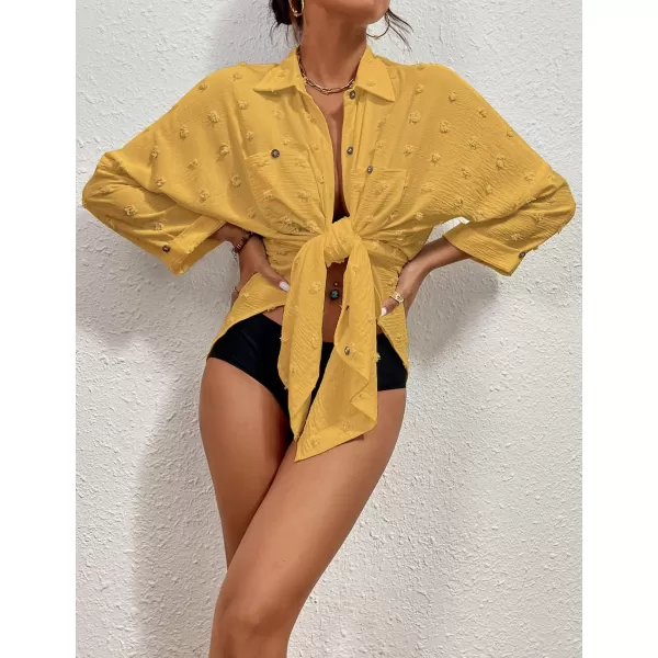 Bsubseach Women Swimsuit Coverup Blouse Button Down Shirt Dresses Swiss Dot Tops