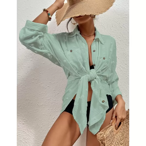 Bsubseach Women Swimsuit Coverup Blouse Button Down Shirt Dresses Swiss Dot Tops