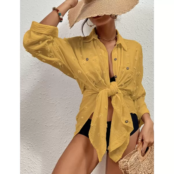 Bsubseach Women Swimsuit Coverup Blouse Button Down Shirt Dresses Swiss Dot Tops