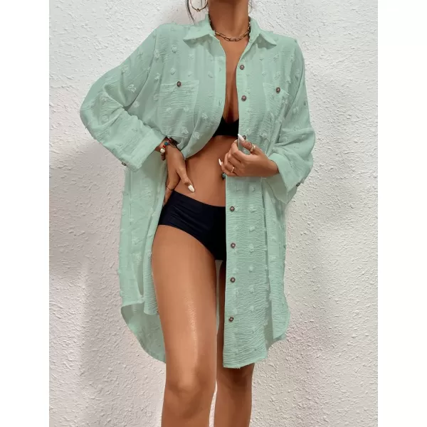 Bsubseach Women Swimsuit Coverup Blouse Button Down Shirt Dresses Swiss Dot Tops