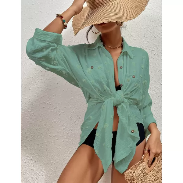 Bsubseach Women Swimsuit Coverup Blouse Button Down Shirt Dresses Swiss Dot Tops