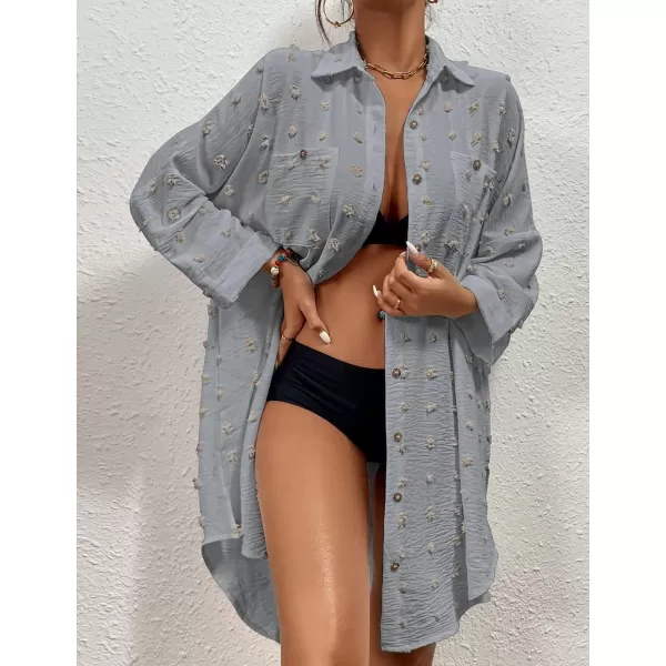 Bsubseach Women Swimsuit Coverup Blouse Button Down Shirt Dresses Swiss Dot Tops