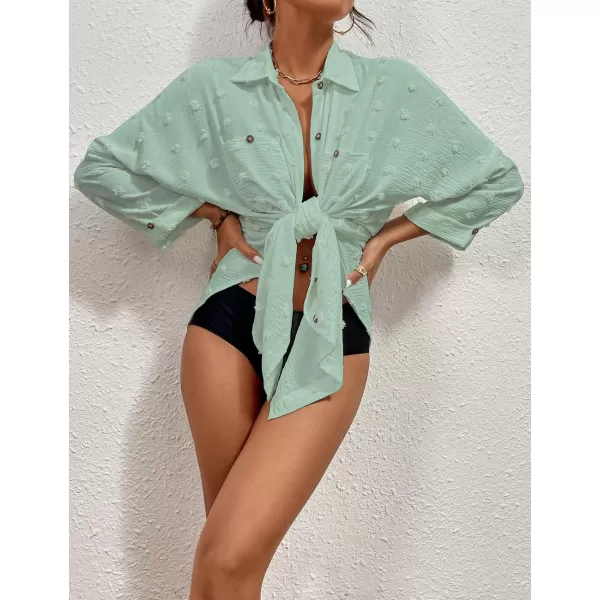 Bsubseach Women Swimsuit Coverup Blouse Button Down Shirt Dresses Swiss Dot Tops