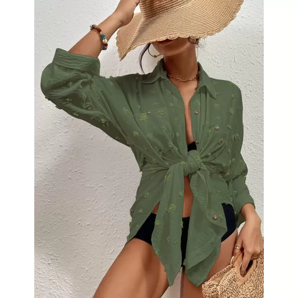 Bsubseach Women Swimsuit Coverup Blouse Button Down Shirt Dresses Swiss Dot Tops