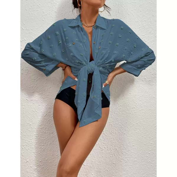 Bsubseach Women Swimsuit Coverup Blouse Button Down Shirt Dresses Swiss Dot Tops