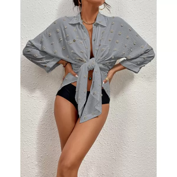 Bsubseach Women Swimsuit Coverup Blouse Button Down Shirt Dresses Swiss Dot Tops