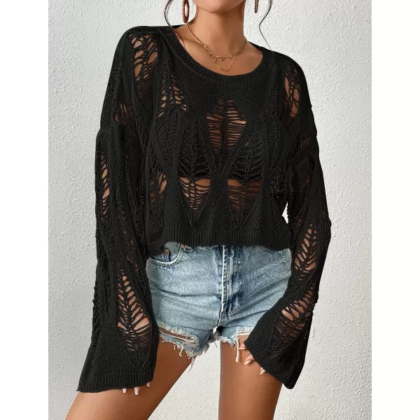 Bsubseach Womens Crochet Crop Top Bell Long Sleeve Beach Swimsuit Cover Up Hollow Out Knit Summer Outfits
