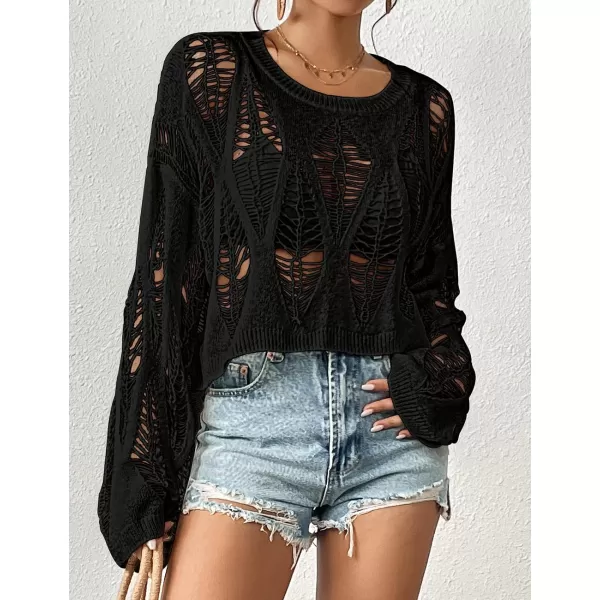 Bsubseach Womens Crochet Crop Top Bell Long Sleeve Beach Swimsuit Cover Up Hollow Out Knit Summer Outfits