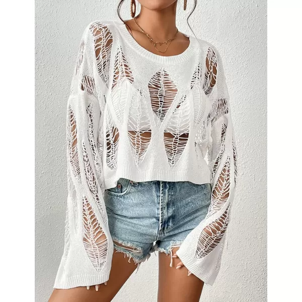 Bsubseach Womens Crochet Crop Top Bell Long Sleeve Beach Swimsuit Cover Up Hollow Out Knit Summer Outfits