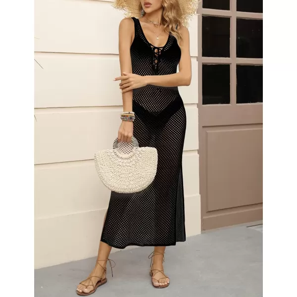 Bsubseach Womens See Through Sleeveless Knitted Swimsuit Cover Up Crochet Dress