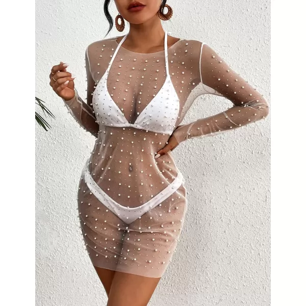 Bsubseach Women’s Sheer Swimsuit Cover Up Pearl Rhinestone Mesh Dress See Through Beach Cover Ups Pool Bathing Suit Shirt