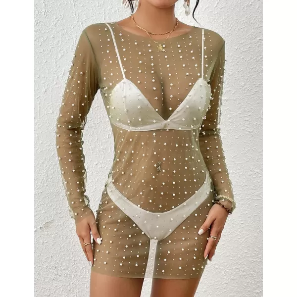 Bsubseach Women’s Sheer Swimsuit Cover Up Pearl Rhinestone Mesh Dress See Through Beach Cover Ups Pool Bathing Suit Shirt