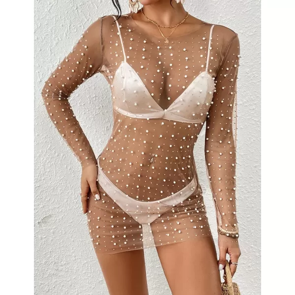 Bsubseach Women’s Sheer Swimsuit Cover Up Pearl Rhinestone Mesh Dress See Through Beach Cover Ups Pool Bathing Suit Shirt