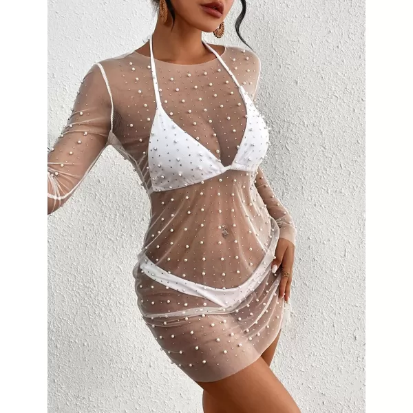 Bsubseach Women’s Sheer Swimsuit Cover Up Pearl Rhinestone Mesh Dress See Through Beach Cover Ups Pool Bathing Suit Shirt