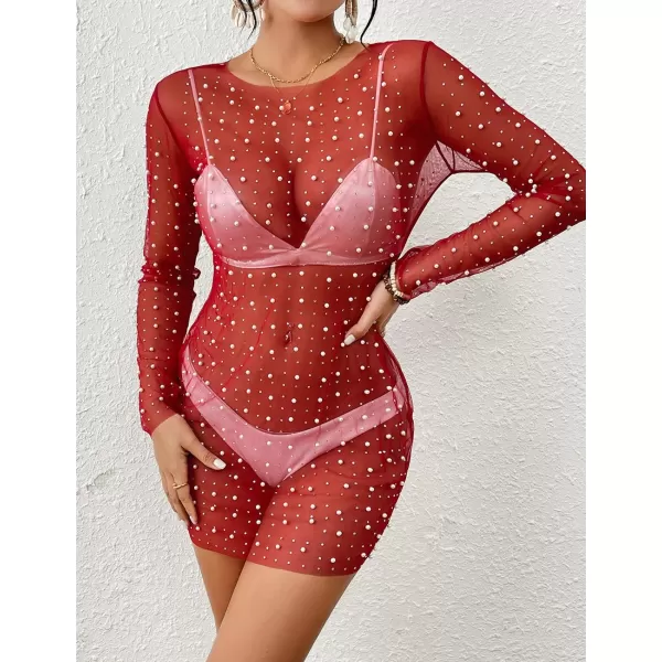 Bsubseach Women’s Sheer Swimsuit Cover Up Pearl Rhinestone Mesh Dress See Through Beach Cover Ups Pool Bathing Suit Shirt