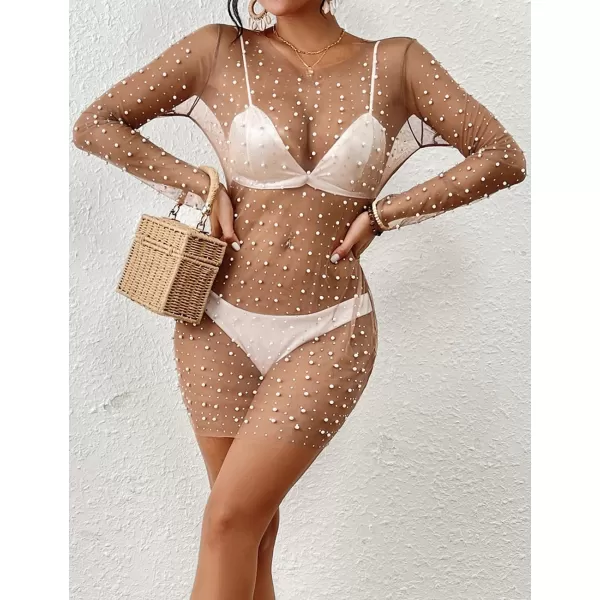 Bsubseach Women’s Sheer Swimsuit Cover Up Pearl Rhinestone Mesh Dress See Through Beach Cover Ups Pool Bathing Suit Shirt