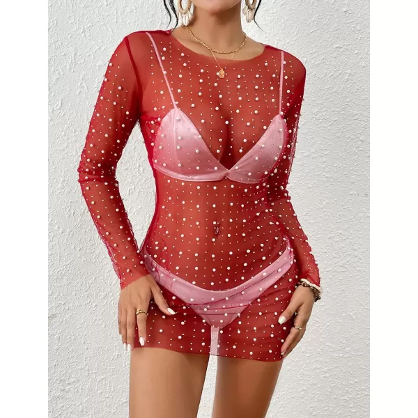 Bsubseach Women’s Sheer Swimsuit Cover Up Pearl Rhinestone Mesh Dress See Through Beach Cover Ups Pool Bathing Suit Shirt