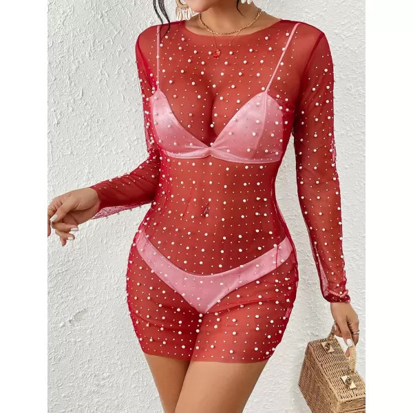 Bsubseach Women’s Sheer Swimsuit Cover Up Pearl Rhinestone Mesh Dress See Through Beach Cover Ups Pool Bathing Suit Shirt