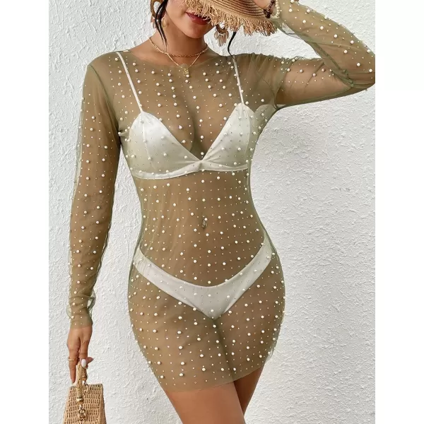 Bsubseach Women’s Sheer Swimsuit Cover Up Pearl Rhinestone Mesh Dress See Through Beach Cover Ups Pool Bathing Suit Shirt