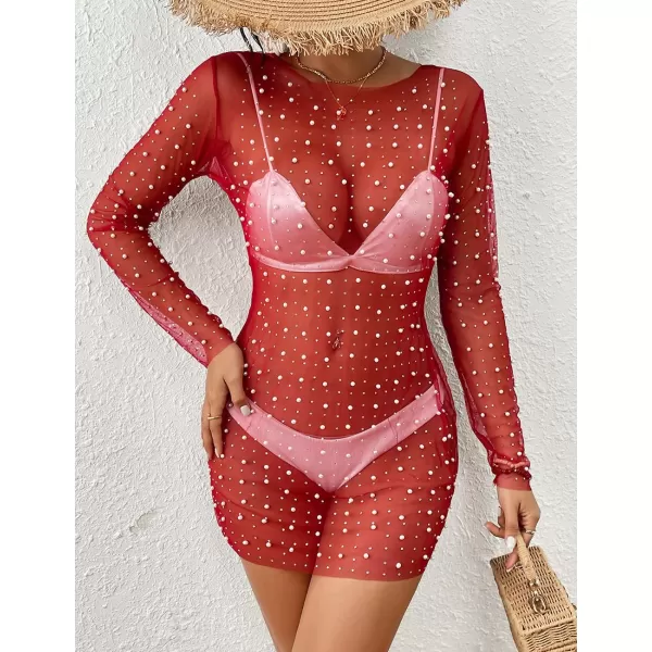Bsubseach Women’s Sheer Swimsuit Cover Up Pearl Rhinestone Mesh Dress See Through Beach Cover Ups Pool Bathing Suit Shirt