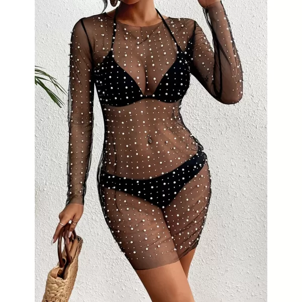 Bsubseach Women’s Sheer Swimsuit Cover Up Pearl Rhinestone Mesh Dress See Through Beach Cover Ups Pool Bathing Suit Shirt