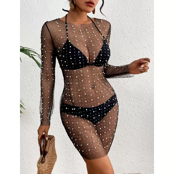 Bsubseach Women’s Sheer Swimsuit Cover Up Pearl Rhinestone Mesh Dress See Through Beach Cover Ups Pool Bathing Suit Shirt