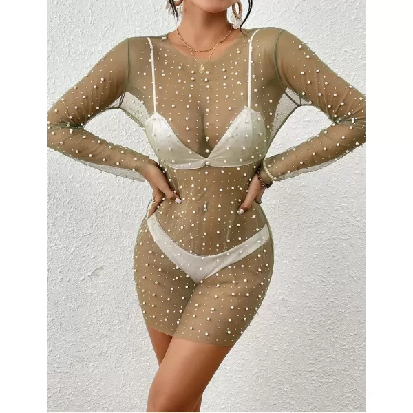 Bsubseach Women’s Sheer Swimsuit Cover Up Pearl Rhinestone Mesh Dress See Through Beach Cover Ups Pool Bathing Suit Shirt