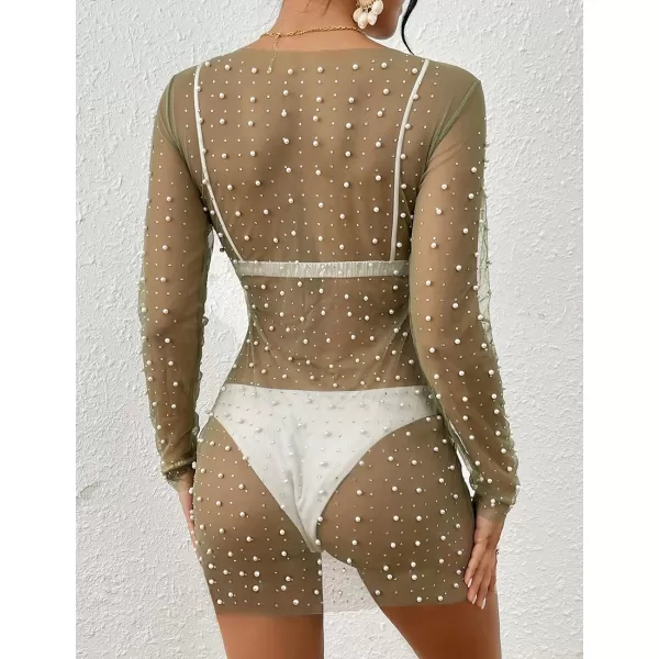 Bsubseach Women’s Sheer Swimsuit Cover Up Pearl Rhinestone Mesh Dress See Through Beach Cover Ups Pool Bathing Suit Shirt