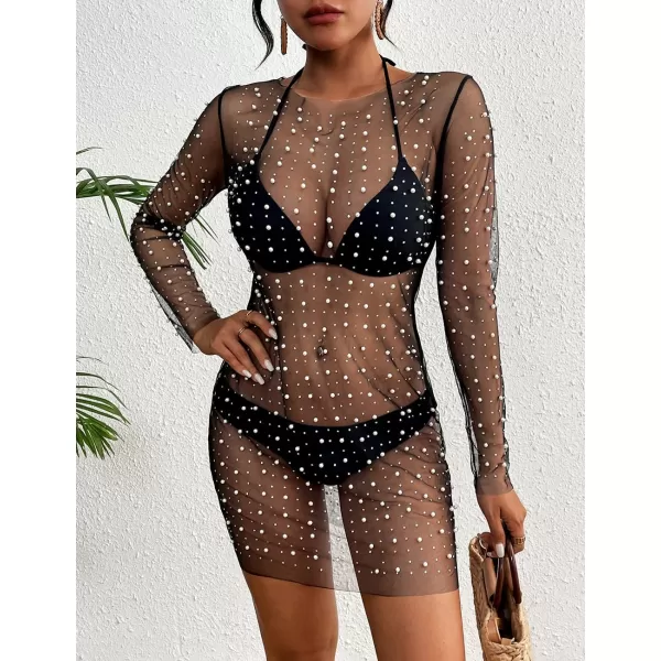 Bsubseach Women’s Sheer Swimsuit Cover Up Pearl Rhinestone Mesh Dress See Through Beach Cover Ups Pool Bathing Suit Shirt