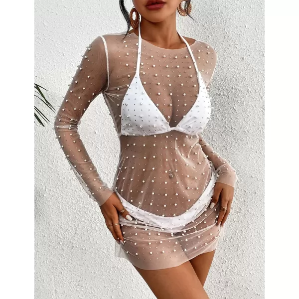 Bsubseach Women’s Sheer Swimsuit Cover Up Pearl Rhinestone Mesh Dress See Through Beach Cover Ups Pool Bathing Suit Shirt