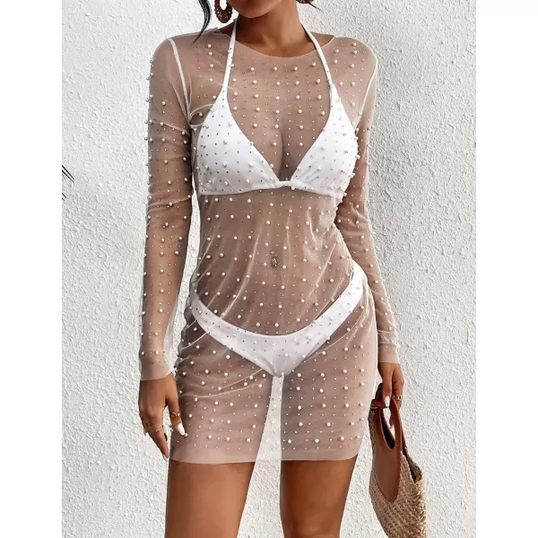 Bsubseach Women’s Sheer Swimsuit Cover Up Pearl Rhinestone Mesh Dress See Through Beach Cover Ups Pool Bathing Suit Shirt