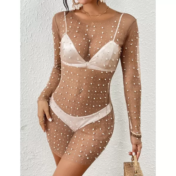 Bsubseach Women’s Sheer Swimsuit Cover Up Pearl Rhinestone Mesh Dress See Through Beach Cover Ups Pool Bathing Suit Shirt