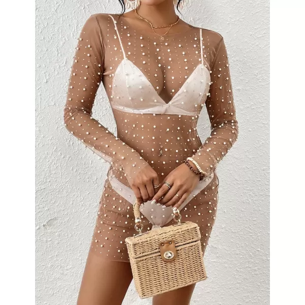 Bsubseach Women’s Sheer Swimsuit Cover Up Pearl Rhinestone Mesh Dress See Through Beach Cover Ups Pool Bathing Suit Shirt