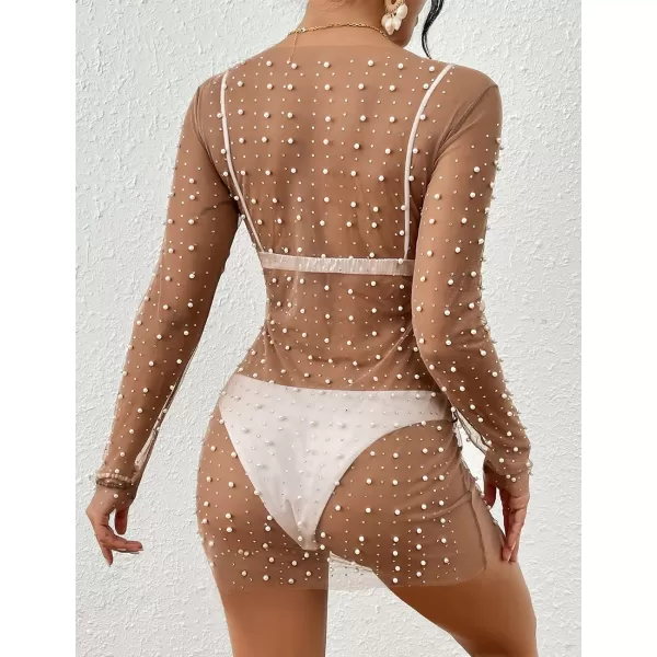 Bsubseach Women’s Sheer Swimsuit Cover Up Pearl Rhinestone Mesh Dress See Through Beach Cover Ups Pool Bathing Suit Shirt