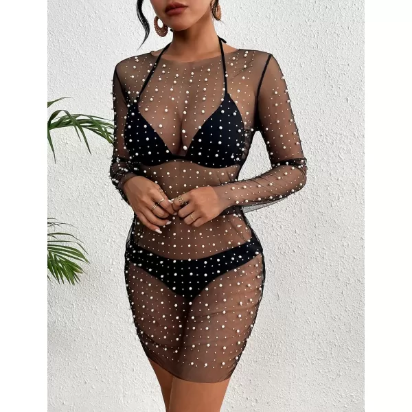 Bsubseach Women’s Sheer Swimsuit Cover Up Pearl Rhinestone Mesh Dress See Through Beach Cover Ups Pool Bathing Suit Shirt
