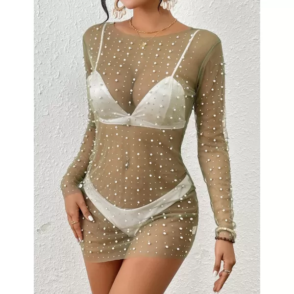 Bsubseach Women’s Sheer Swimsuit Cover Up Pearl Rhinestone Mesh Dress See Through Beach Cover Ups Pool Bathing Suit Shirt