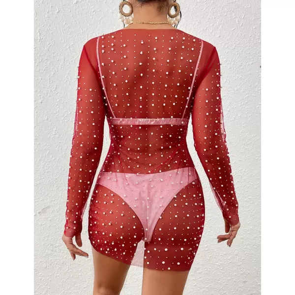 Bsubseach Women’s Sheer Swimsuit Cover Up Pearl Rhinestone Mesh Dress See Through Beach Cover Ups Pool Bathing Suit Shirt