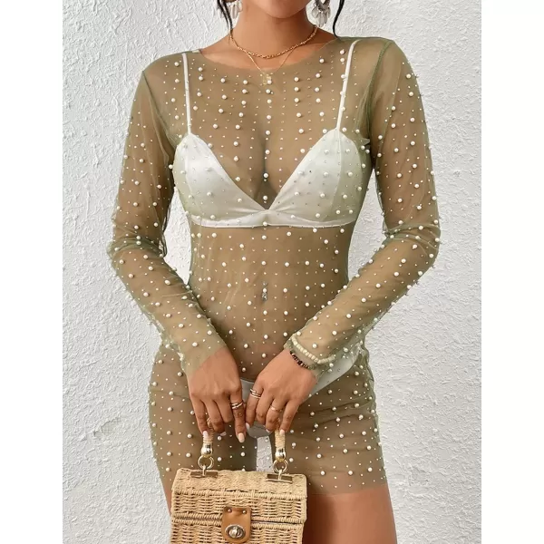 Bsubseach Women’s Sheer Swimsuit Cover Up Pearl Rhinestone Mesh Dress See Through Beach Cover Ups Pool Bathing Suit Shirt