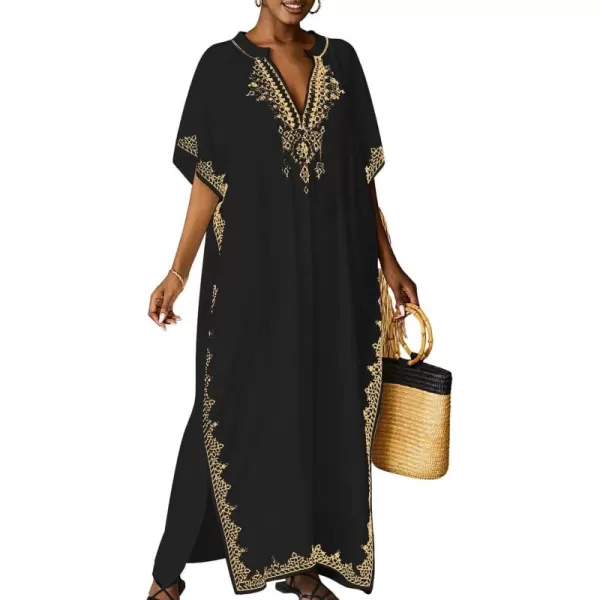 Bsubseach Embroidery Beach Kaftan Dress for Women Short Sleeve Bikini Swimsuit Cover Up